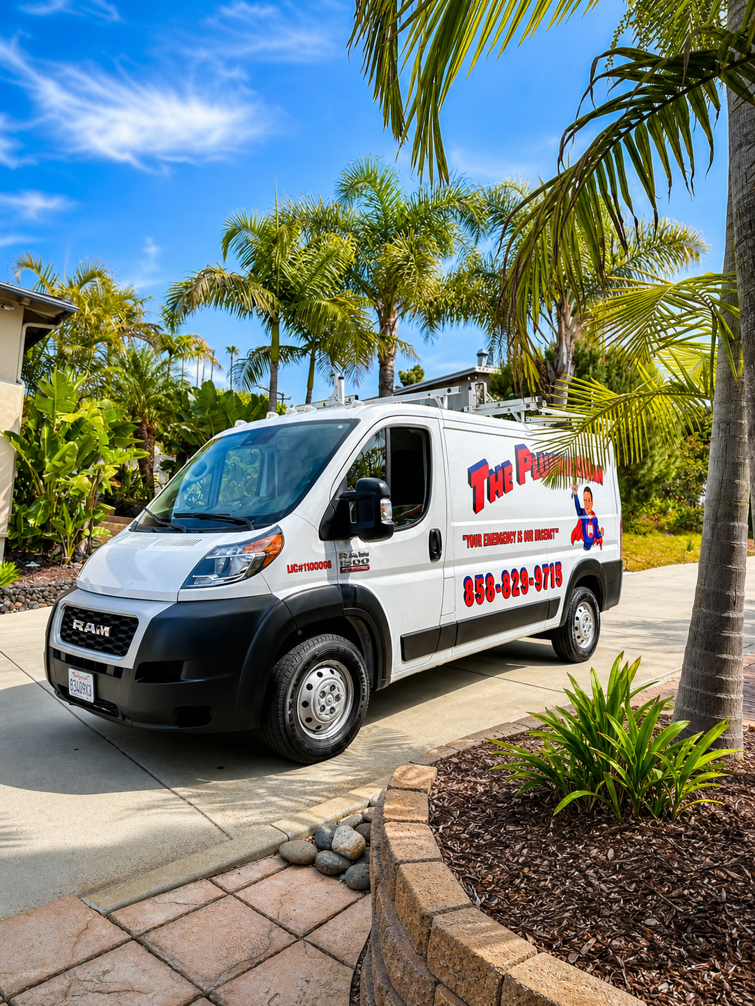 The Plumber Man service van at a residential home in San Diego County